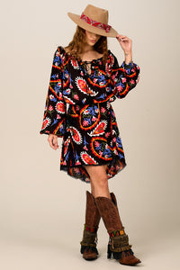 Vestido Curto Preto Estampa Cashmere Yacamim C22