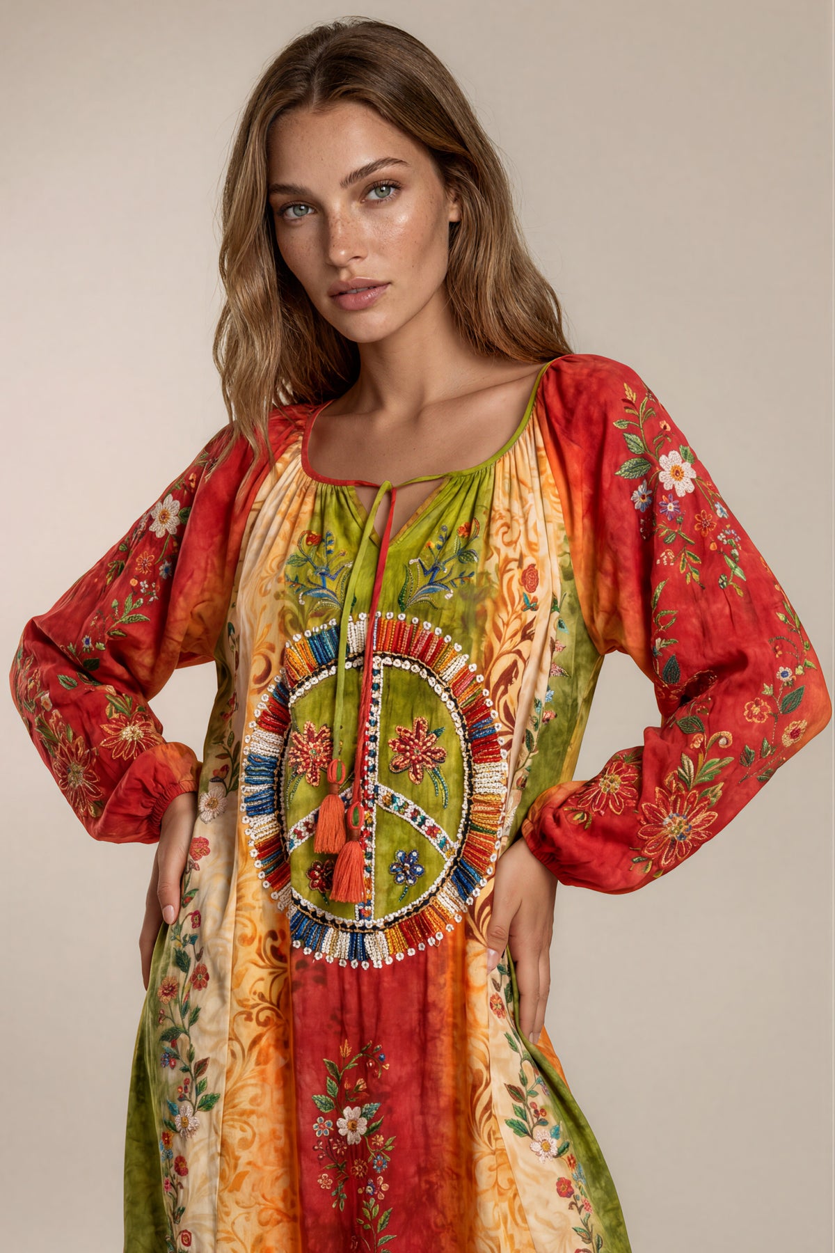 Vestido Longo Com Mangas Longas Colorido Estampado Coleção Manacá Yacamim C23