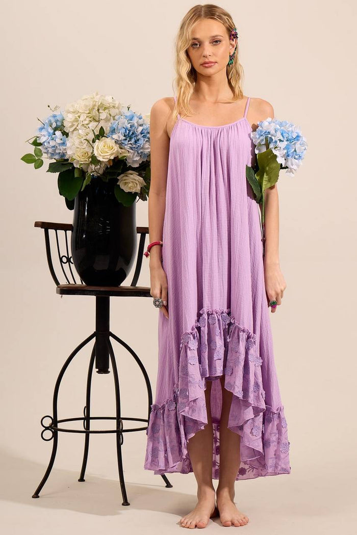 Vestido Mullet De Alças Reguláveis Com Babado Broderie Lilás Yacamim D30