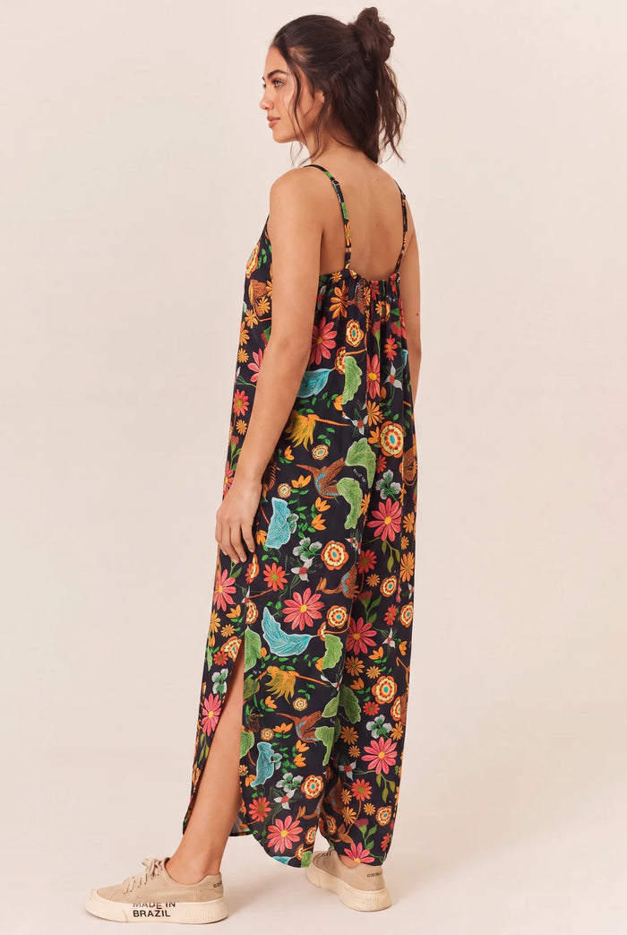 Vestido Midi Com Alças Reguláveis Preto Floral Yacamim E1