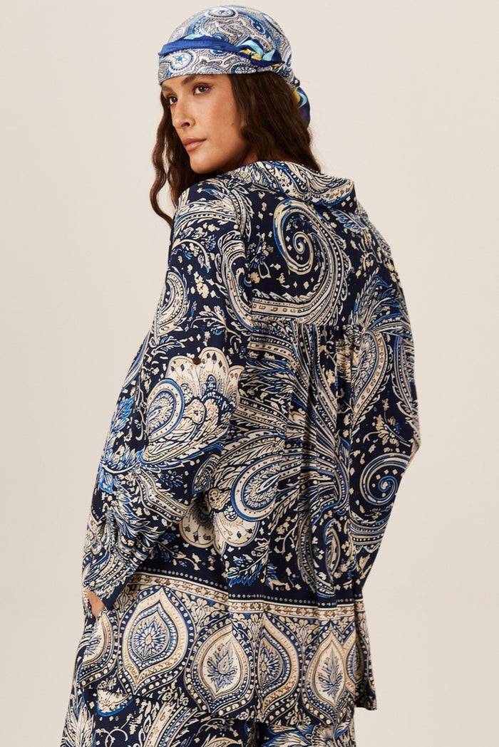 Camisa Ampla Godê Azul Estampa paisley Yacamim A19