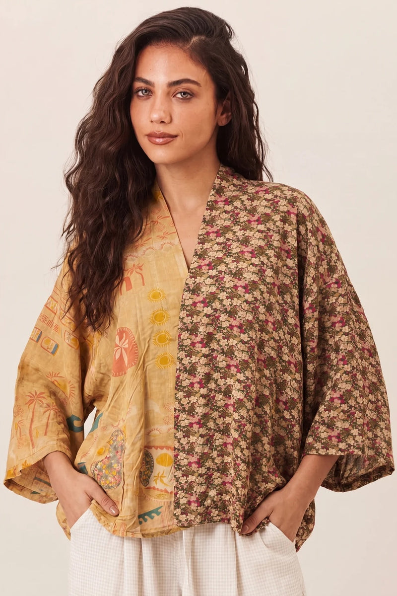 Kimono Curto Marrom Patchwork Yacamim J4