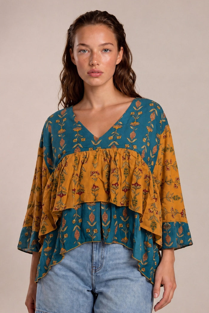 Bata Ampla Babado Sobreposto Turquesa E Laranja Patchwork Yacamim B1
