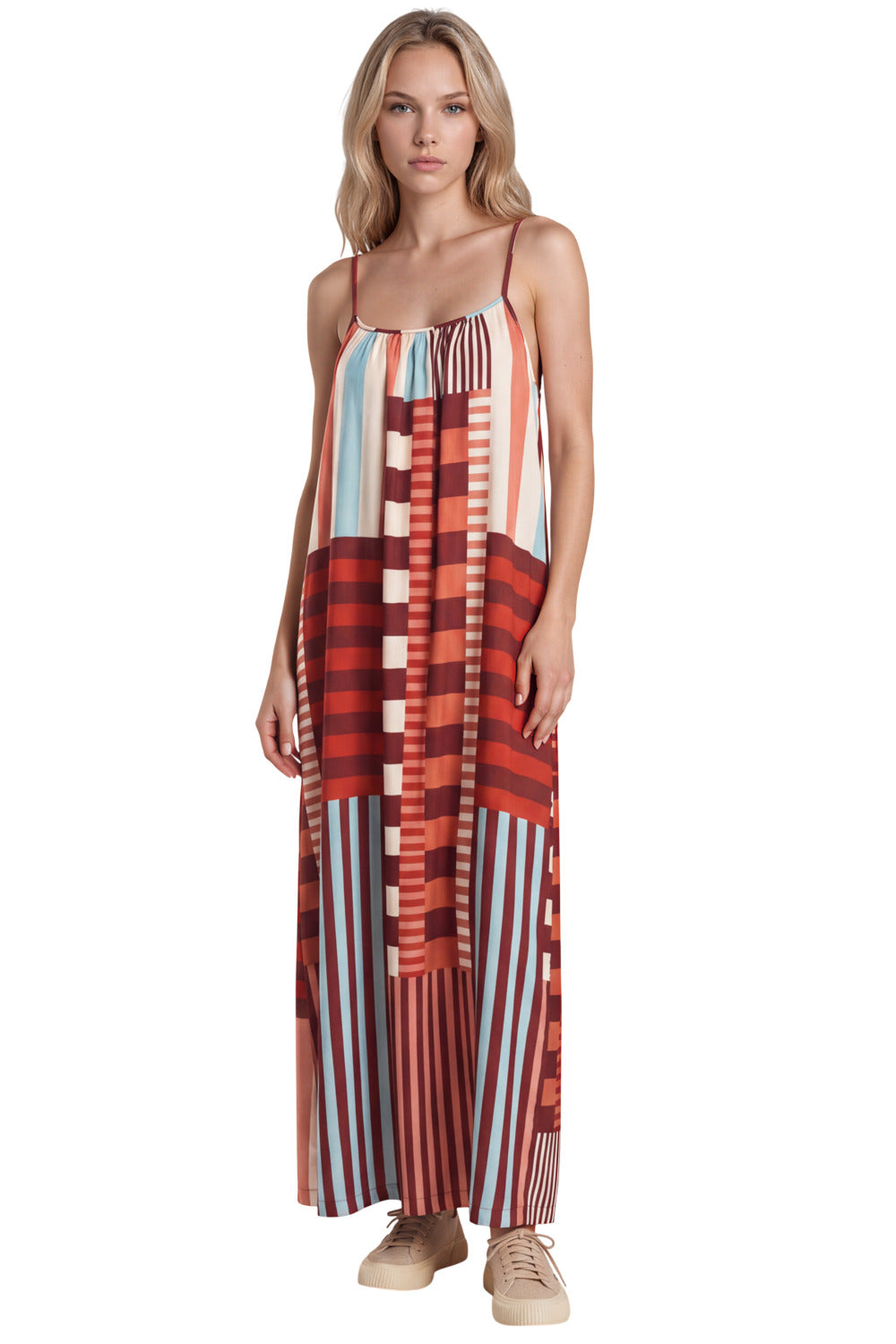 Vestido Longo De Alças Reguláveis Vermelho Estampa Geométrica Yacamim C9