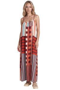 Vestido Longo De Alças Reguláveis Vermelho Estampa Geométrica Yacamim C9
