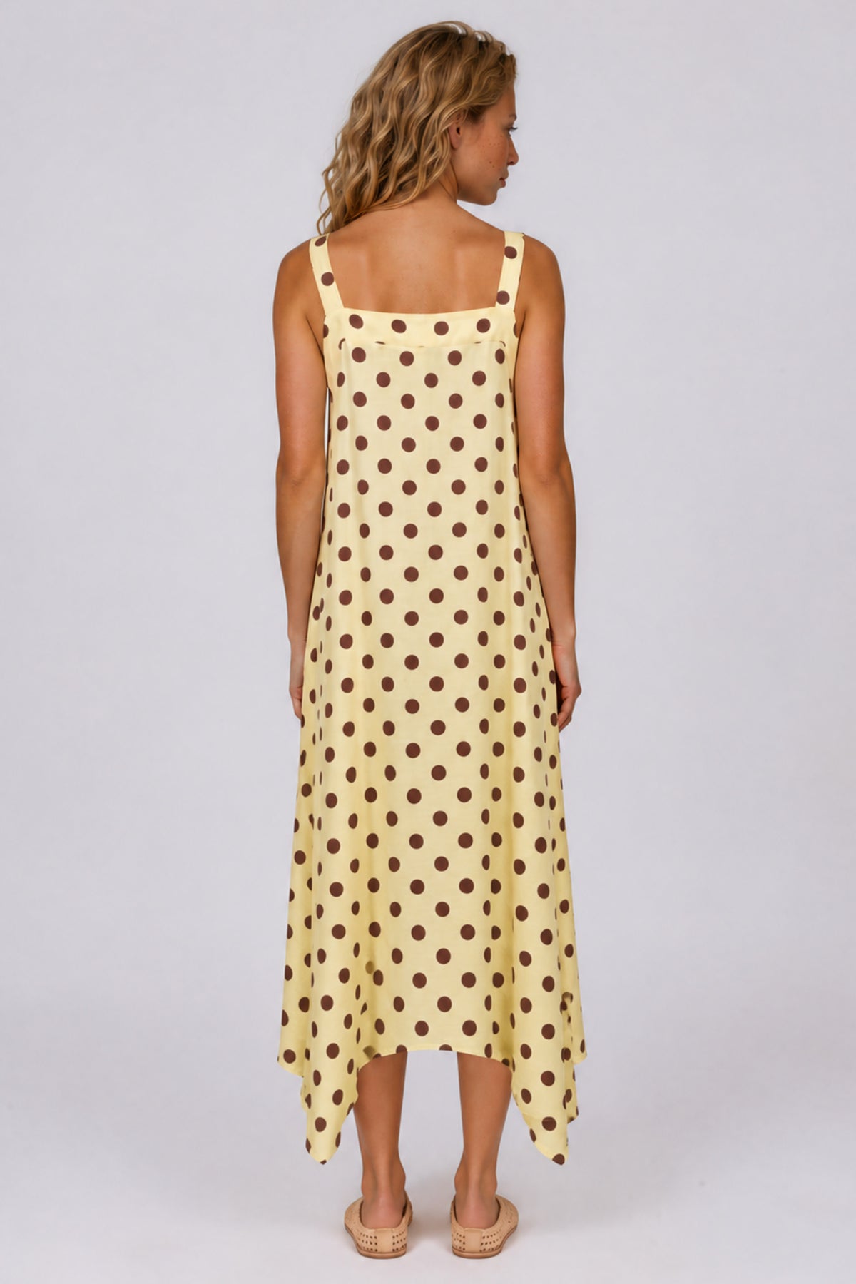 Vestido Midi Com Detalhes De Pontas Amarelo Estampa De Poá Yacamim C26