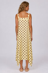 Vestido Midi Com Detalhes De Pontas Amarelo Estampa De Poá Yacamim C26