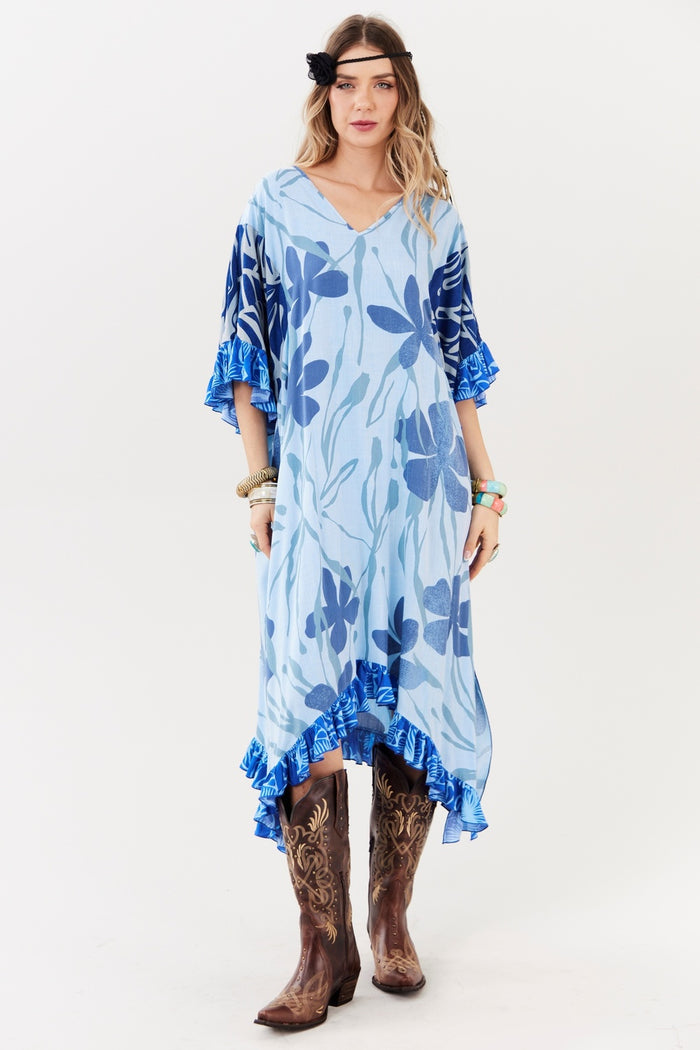 Kaftan Midi Decote Em V Azul Claro Patchwork Yacamim J10