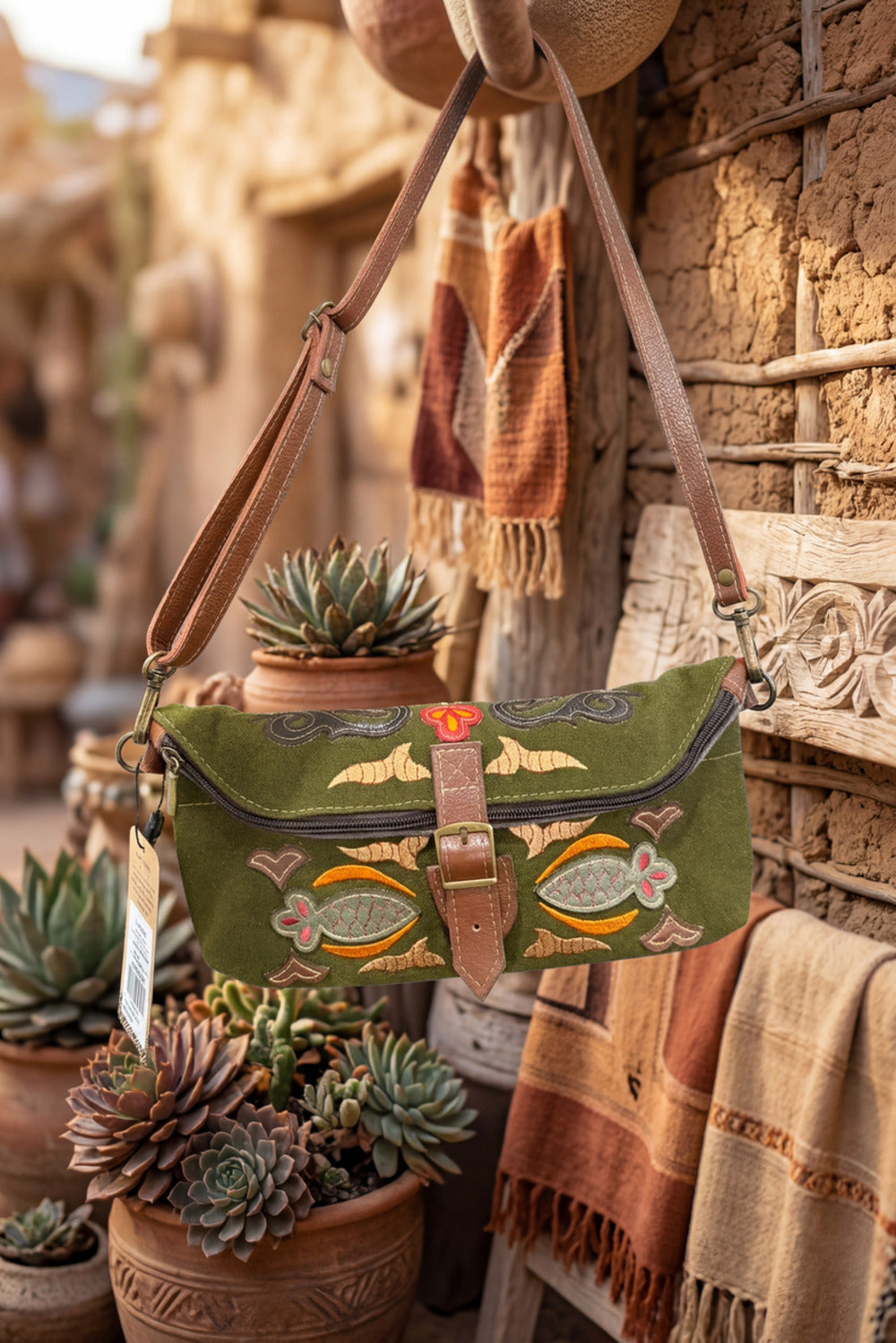 Bolsa Pochete De Lona Artesanal Verde Yacamim