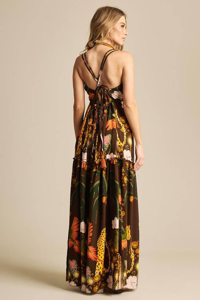 Vestido Longo Com Alças Marrom Estampado Yacamim E21