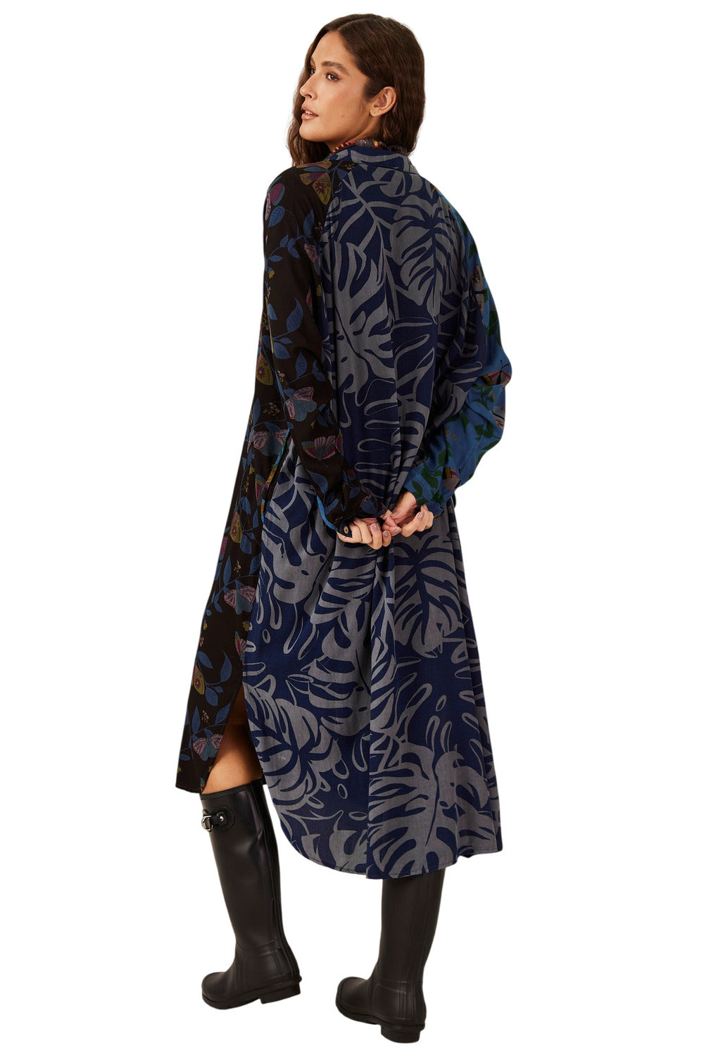 Chemise Longa Azul E Preto Patchwork Yacamim L7