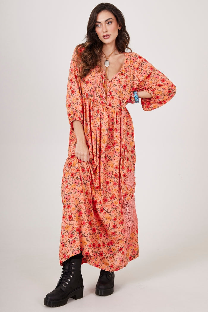 Vestido Longo Com Rendas E Crochê rosé Estampado Yacamim E2