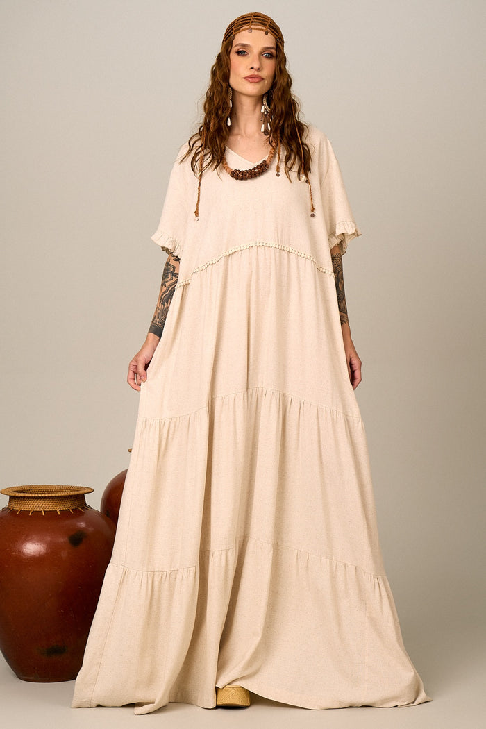 Vestido Longo Viscolinho Bege Nature Yacamim D6