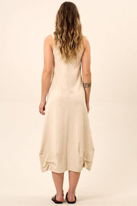 Vestido Regata De Linho Midi Com Barra Enconchada Bege Yacamim C17