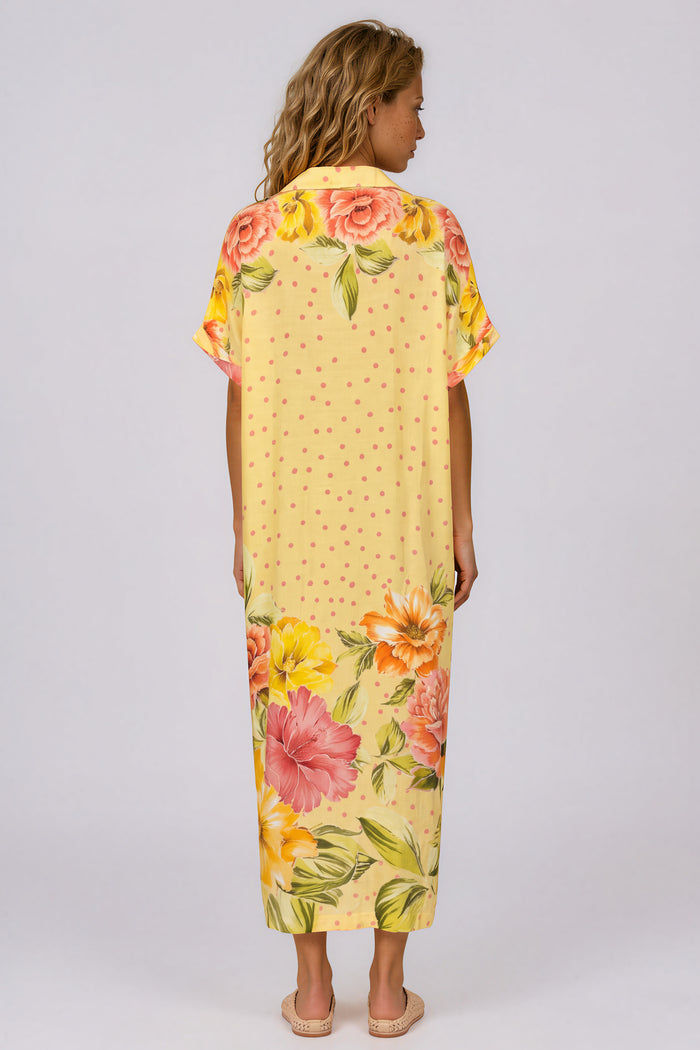 Chemise Midi Com Fendas Laterais Amarelo Estampa Floral Yacamim L5