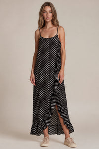 Vestido Mullet Com Babados Preto Com Estampa De Poá Yacamim D18