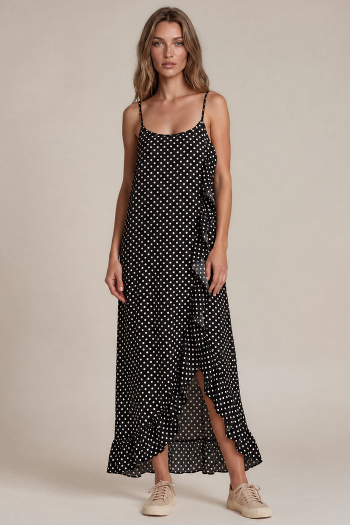 Vestido Mullet Com Babados Preto Com Estampa De Poá Yacamim D18
