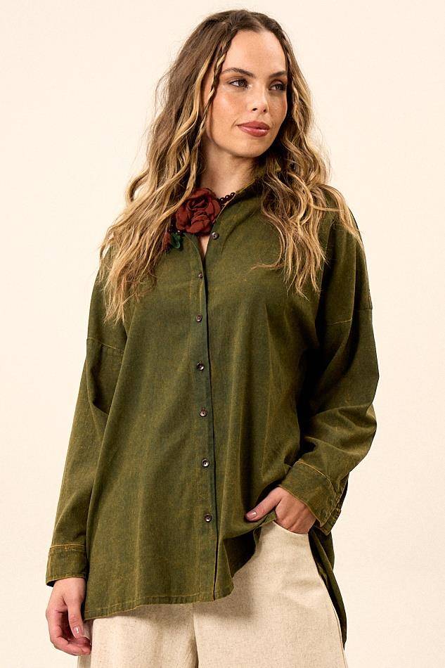 Camisa Ampla De Viscolinho Alongada Verde Estonado Yacamim A4