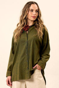 Camisa Ampla De Viscolinho Alongada Verde Estonado Yacamim A4