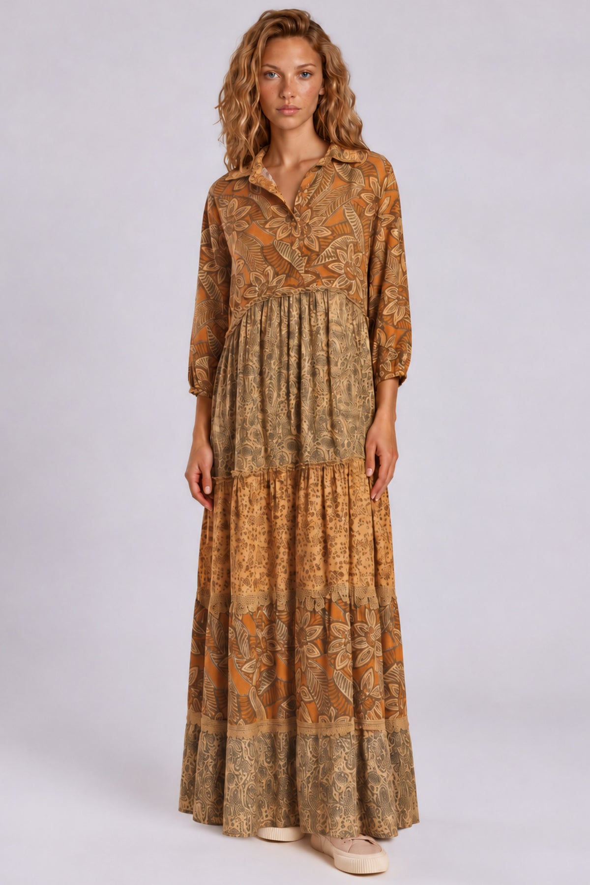 Vestido Longo Amplo Marrom Claro Estampado Patchwork Yacamim D4