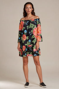 Vestido Curto Ciganinha Com Babados Preto Floral Yacamim D23