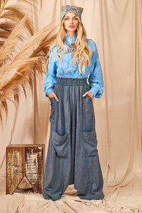 Calça Modelo Saruel De Cintura Alta Azul Mescla Yacamim H5
