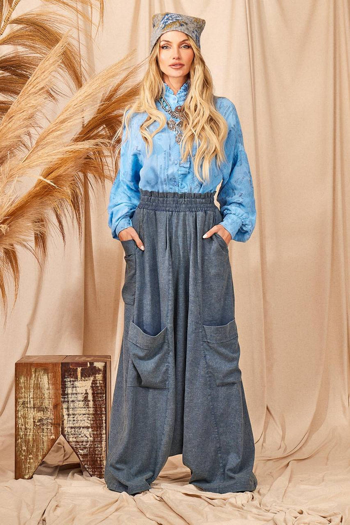 Calça Modelo Saruel De Cintura Alta Azul Mescla Yacamim H5