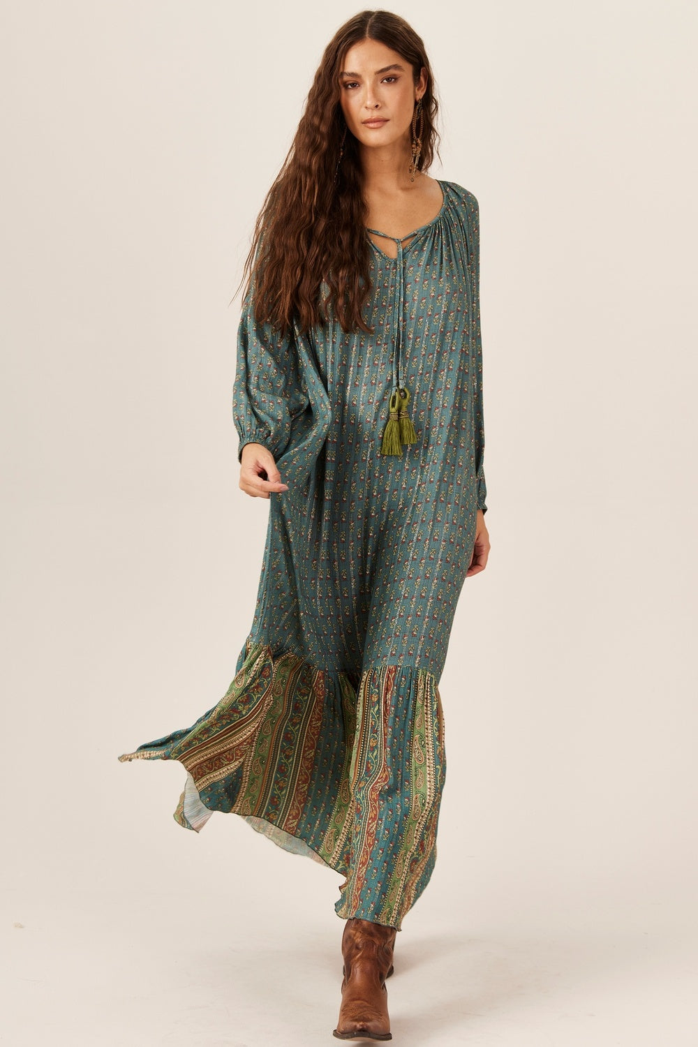 Vestido Longo Com Lurex Verde Patchwork Yacamim E19