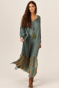 Vestido Longo Com Lurex Verde Patchwork Yacamim E19