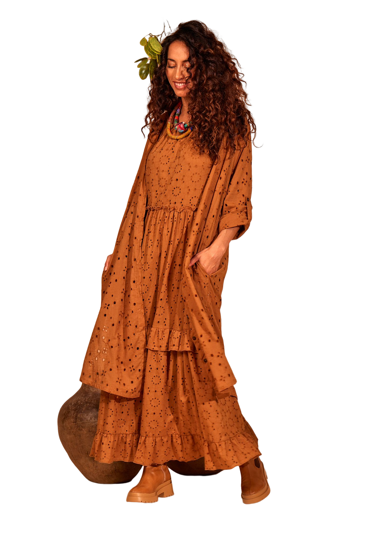 Chemise Midi Broderie Sem Punho Marrom Yacamim