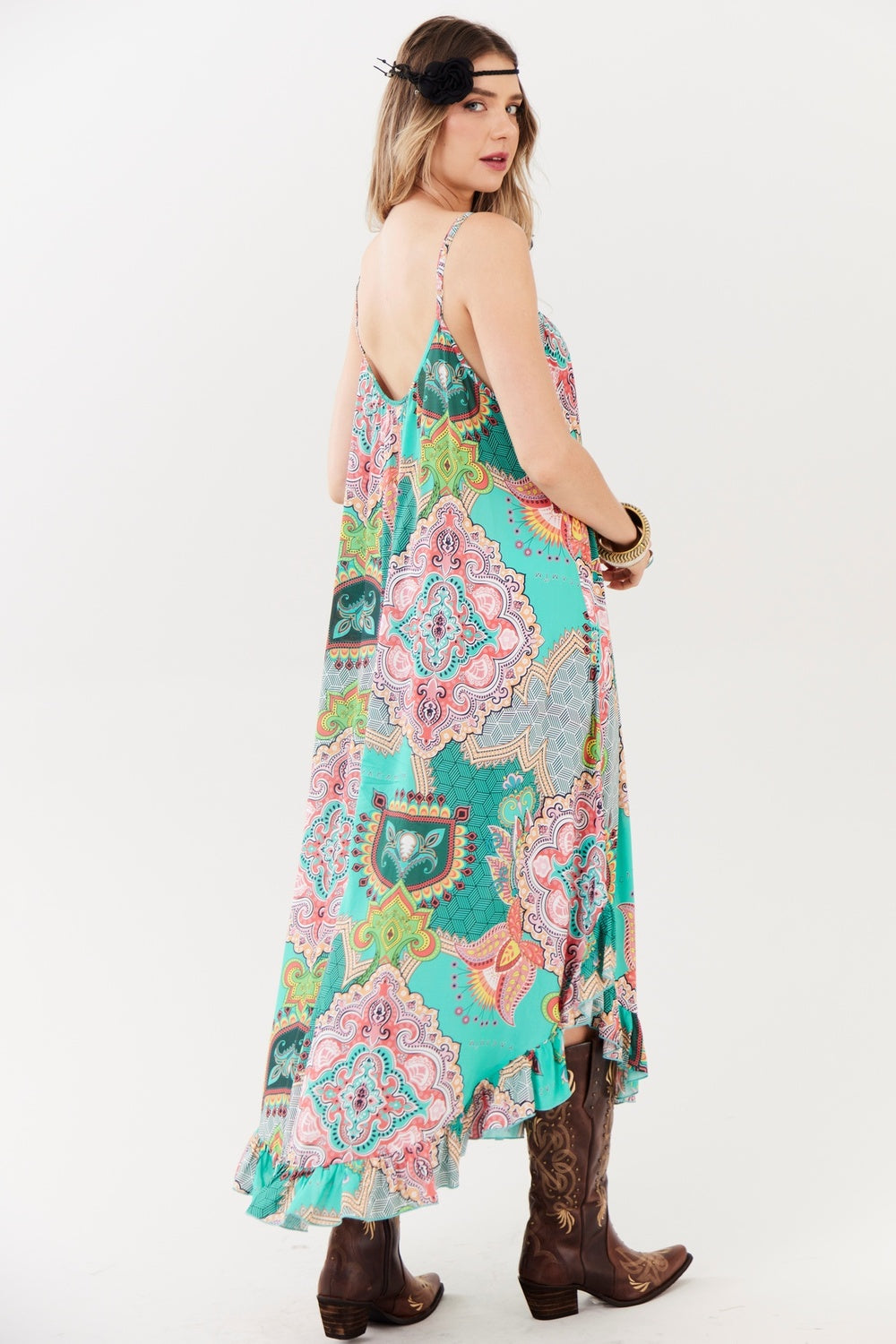 Vestido Longo De Alças Reguláveis Verde Estampado Yacamim C2