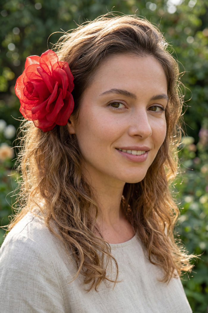 Presilha De Cabelo Flor De Tule Vermelha Yacamim #1031