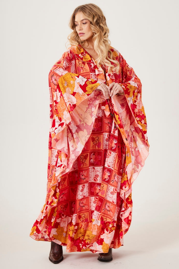 Kaftan Longo Laranja Estampa Geométrica Patchwork Yacamim J8