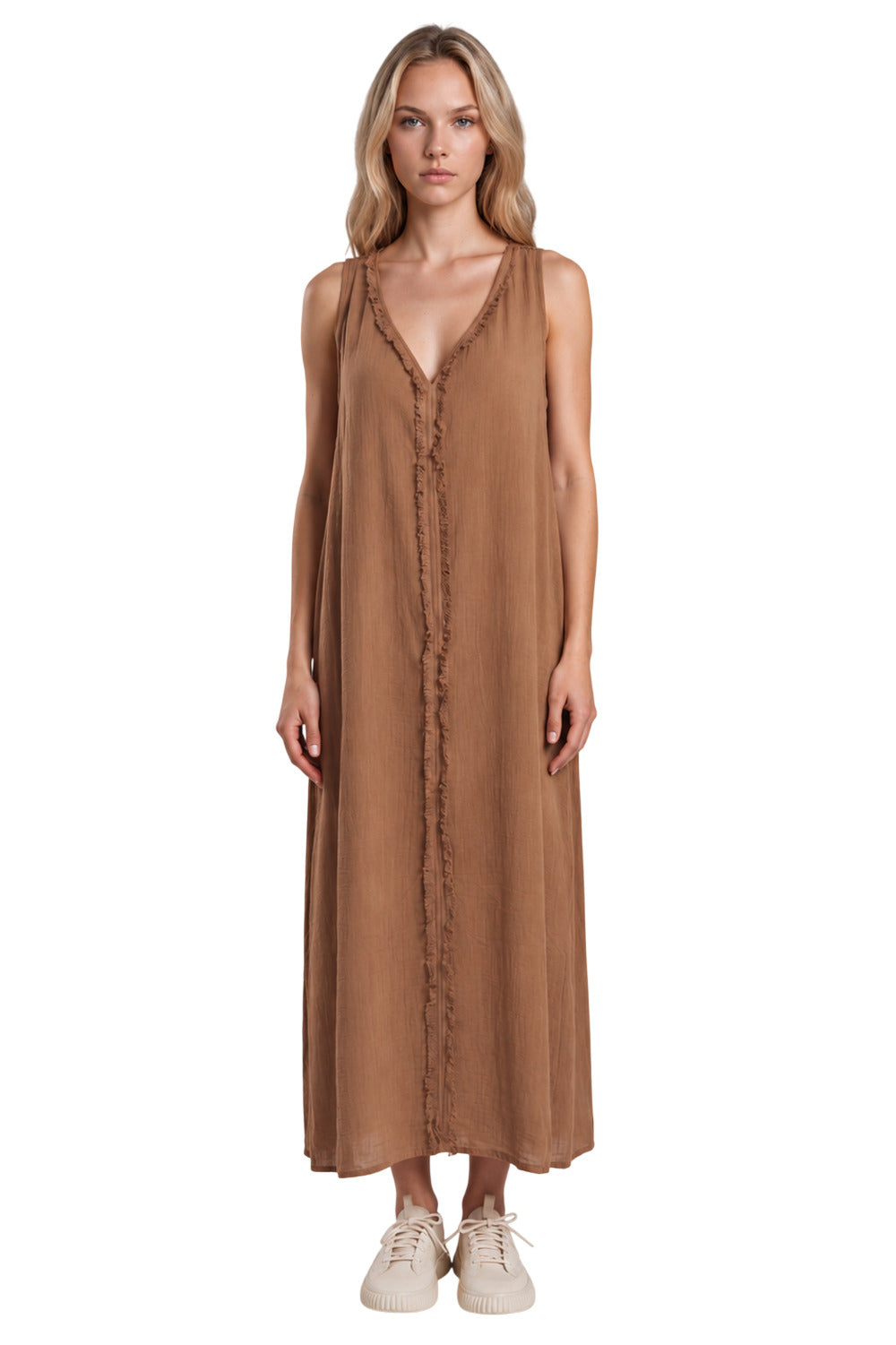 Vestido Regata Midi Com Decote Em V Marrom Yacamim D28