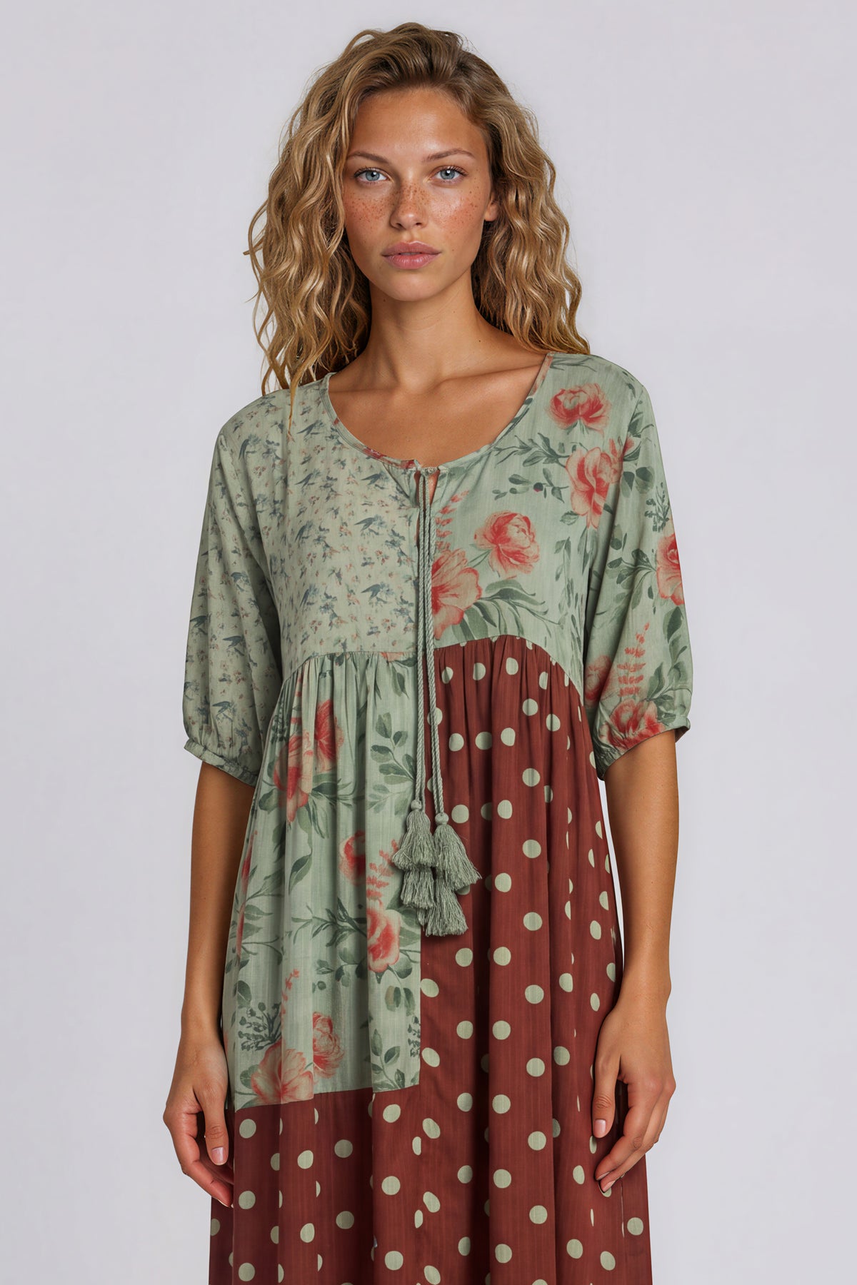 Vestido Midi Com Recortes Verde E Marrom Patchwork De Poá Yacamim E14