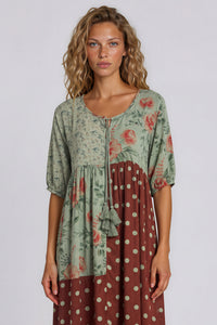 Vestido Midi Com Recortes Verde E Marrom Patchwork De Poá Yacamim E14