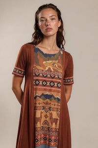 Vestido Longo Marrom Estampado Coleção Peru Yacamim K2