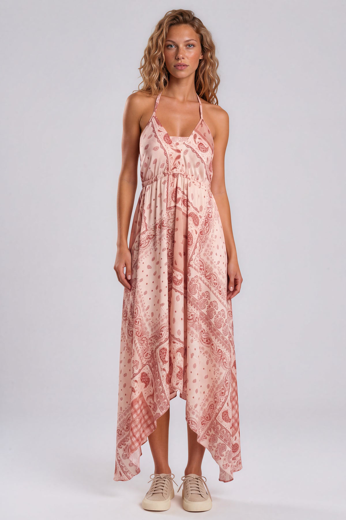 Vestido Lenço Frente Única Com Pontas E Top Rosé Paisley Yacamim D19