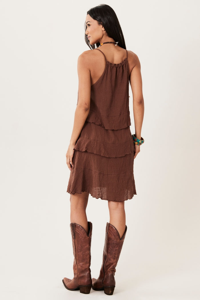 Vestido Curto 100% Algodão Gaze Marrakesh Marrom Yacamim E21
