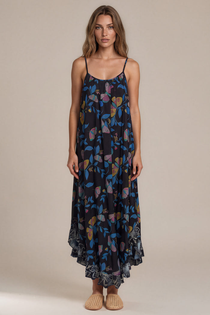 Vestido Midi De Alças Reguláveis Preto Estampado Yacamim D20