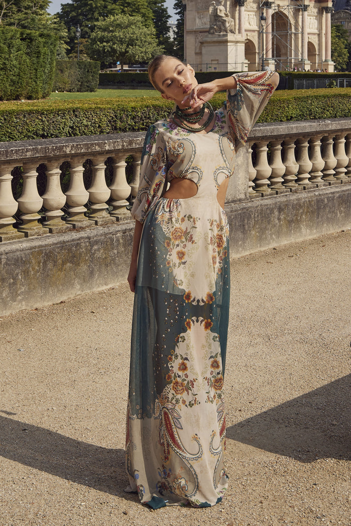 Vestido Longo De Tule Verde E Bege Estampa Paisley Yacamim E17 Paris