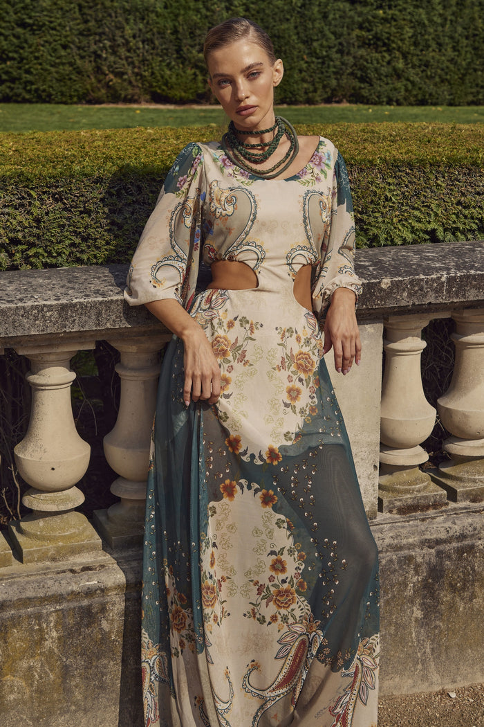 Vestido Longo De Tule Verde E Bege Estampa Paisley Yacamim E17 Paris