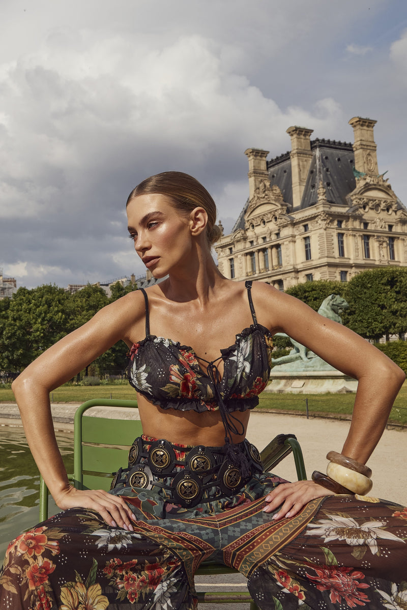 Top Cropped De Tule Com Alças Preto Estampado Yacamim A23 Paris