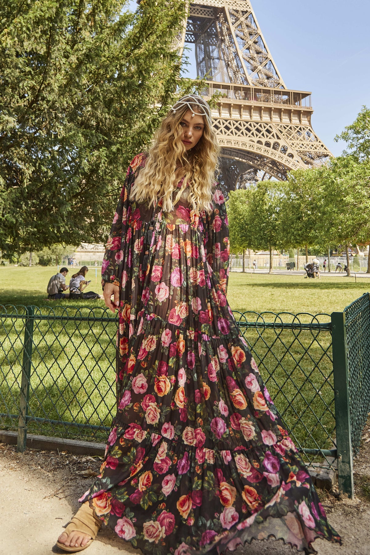 Vestido De Tule Longo Preto Estampa Floral Yacamim D8 Paris
