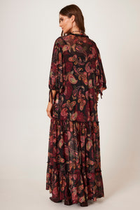 Vestido Longo De Tule Preto Estampa Cashmere Yacamim E6