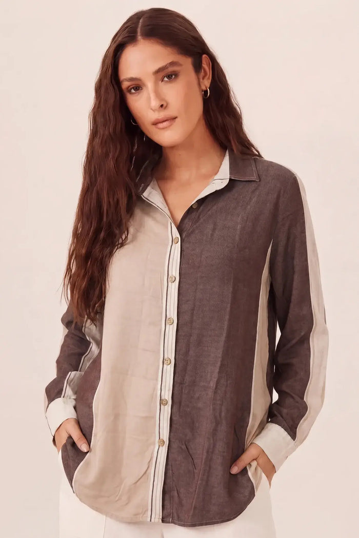 Camisa Ampla Listrada Bege E Marrom Yacamim T4