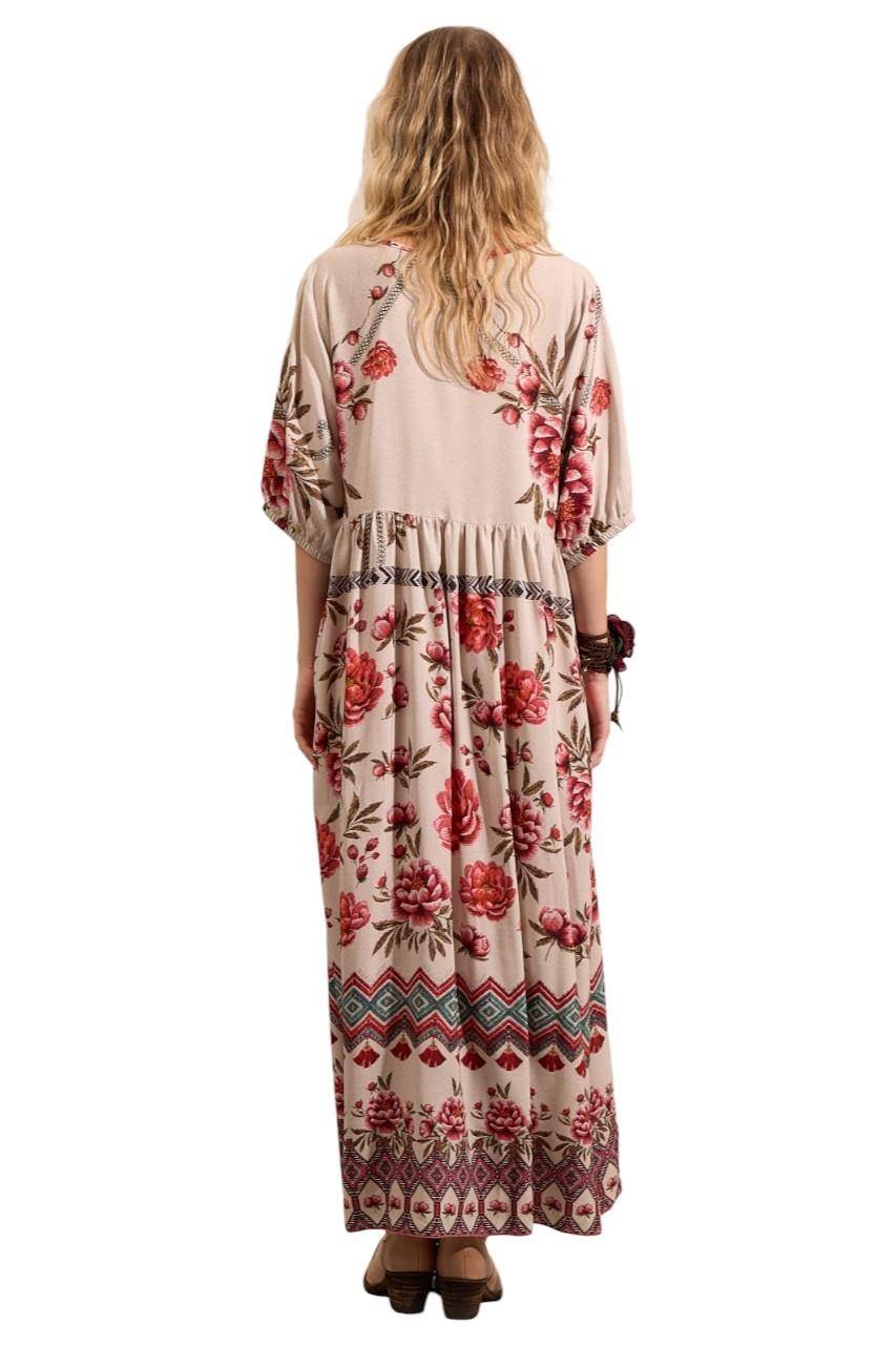 Vestido Longo Com Cordão De Pompons Bege Estampado Yacamim