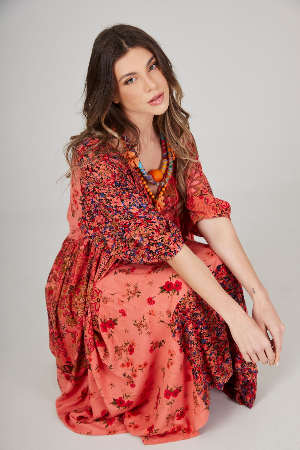 Vestido Midi Ombro A Ombro Rosa Patchwork Yacamim C19