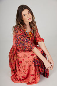 Vestido Midi Ombro A Ombro Rosa Patchwork Yacamim C19