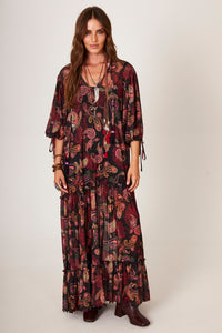 Vestido Longo De Tule Preto Estampa Cashmere Yacamim E6